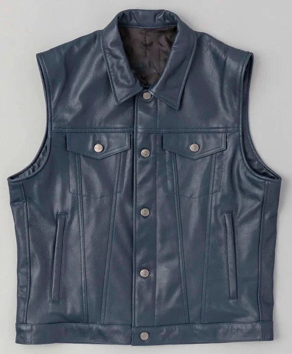 Men's Real Genuine Cowhide Leather Classic Navy Blue Leather Vest Biker Style