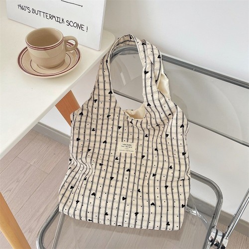 Korean Style Ladies Handbag Checkered Heart Pattern Canvas Bag for Women - Picture 8 of 12
