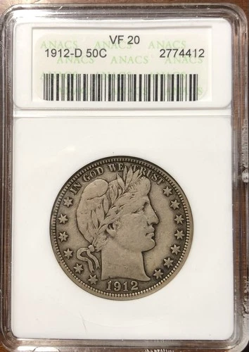 1912-D 50c Barber Half Dollar ANACS VF20, 90% Silver