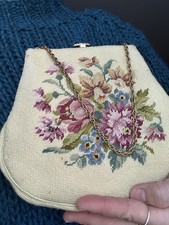 Vintage Needlepoint Floral Evening Bag Petit Point Kiss Lock Purse Chain Handle