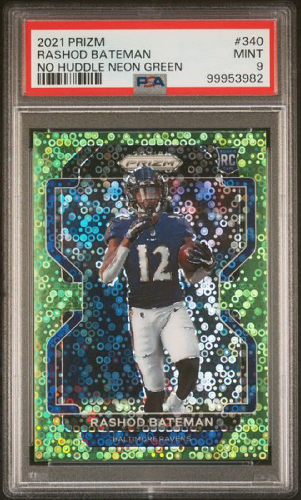 2021 Prizm Rashod Bateman No Huddle Neon Green Rookie 1/5 PSA 9