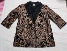 Chicos Sz 3 Gold/Black Silk Blend Lightweight Open Blazer Embroidered