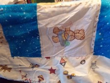Vintage Handmade Baby Quilt Blanket Bear HANDSEWN MACHINE SOME EMBROIDERY BLUE