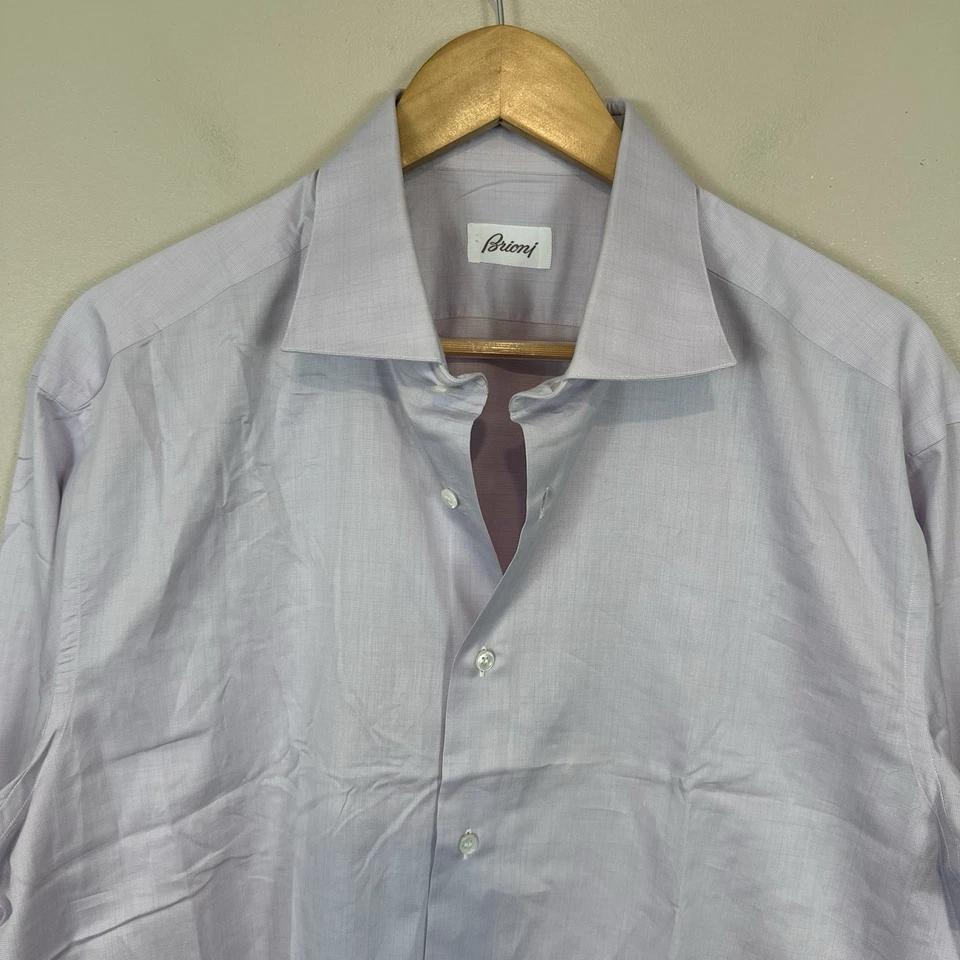 Brioni Purple Glen Plaid Button Up Dress Shirt Italy Made Men 17.5 44 Read - Image 3 of 4