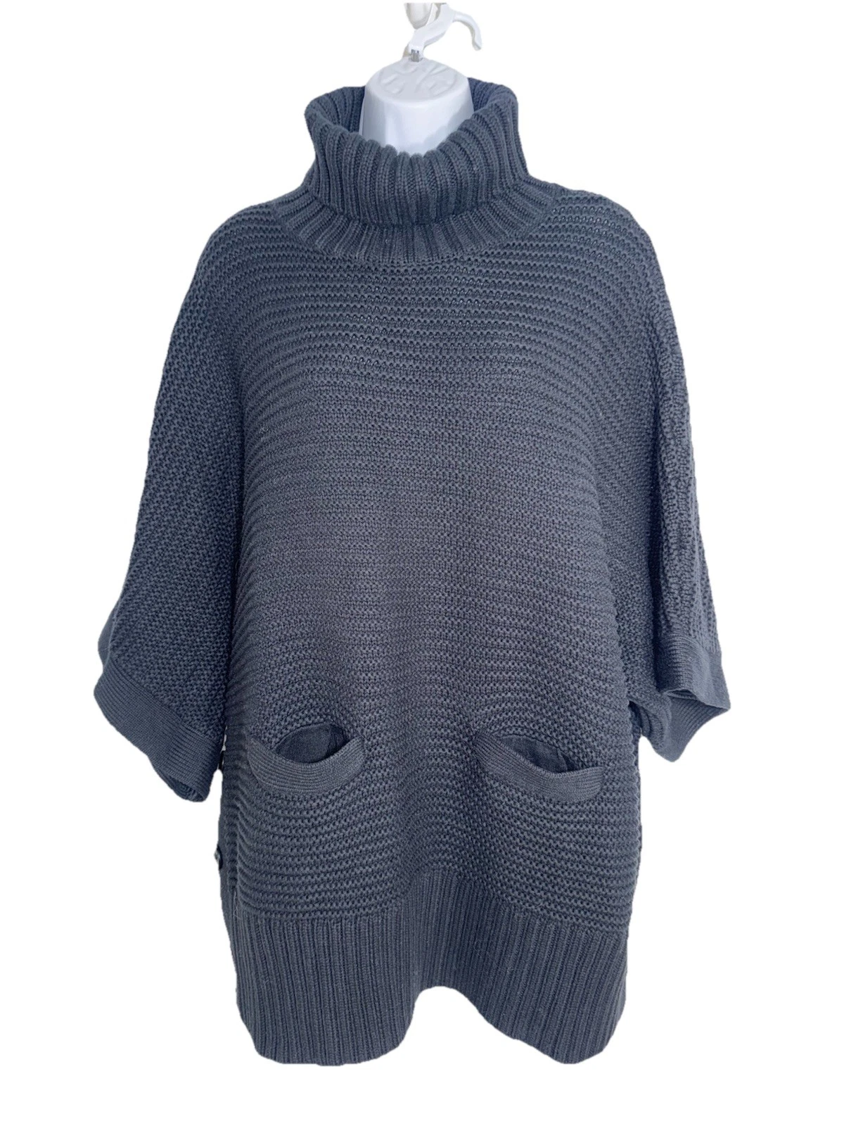 J. Crew Black Turtleneck Chunky Fisherman Poncho Pockets Buttons Women Large