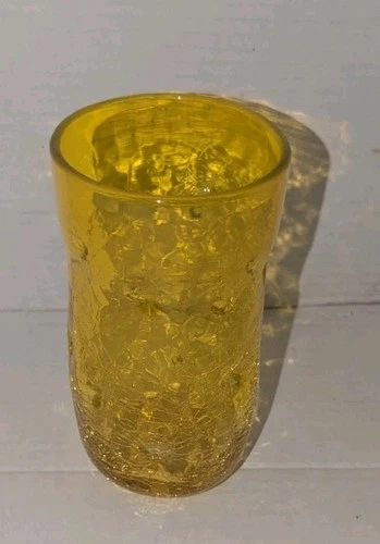 MID CENTURY MODERN ART GLASS BLENKO YELLO CRACKLE  PINCHED DRINKING TUMBLER