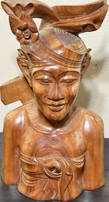 Bali Carved Wood Bust Sculpture Signed 