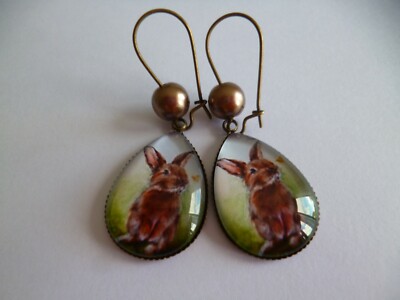 Bronze Ohrringe Haken Perlen Tränen Cabochon Hasen 18*25mm
