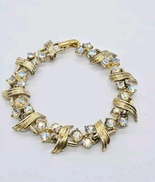 Pulsera Tenis Cristal Blanco Estrás Tono Dorado 7 pulgadas Texturizado Vintage Foto 2 de 4