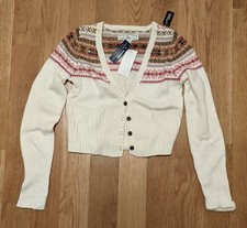 NWT Gap Kids Sz L 10 Winter White Brown Pink Fair Isle Cardigan Sweater Crop
