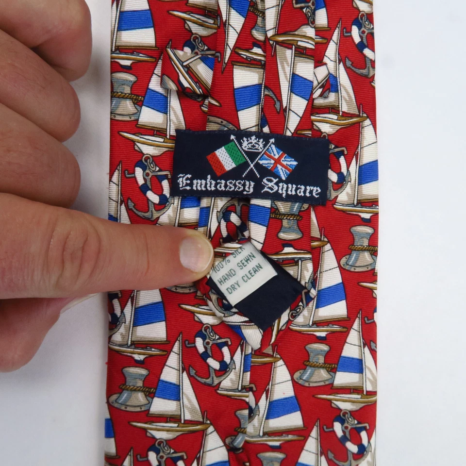 Embassy 方形男式领带多色帆船航海印花全丝绸 57x3.75 — 第 3/4 张图片