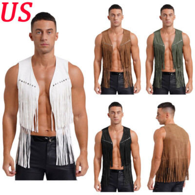 US Mens Tassel Faux Suede Vest Suede Fringe Hippie Vests Open