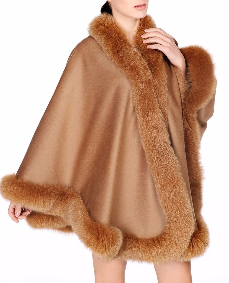 Camel Cashmere Cape Wrap Shawl with Fox Fur Trim - Image 2 of 4