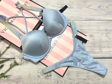Victoria Secret Shine Strap Swim Thong Bombshell 2-cups Push-up Set Light Blue