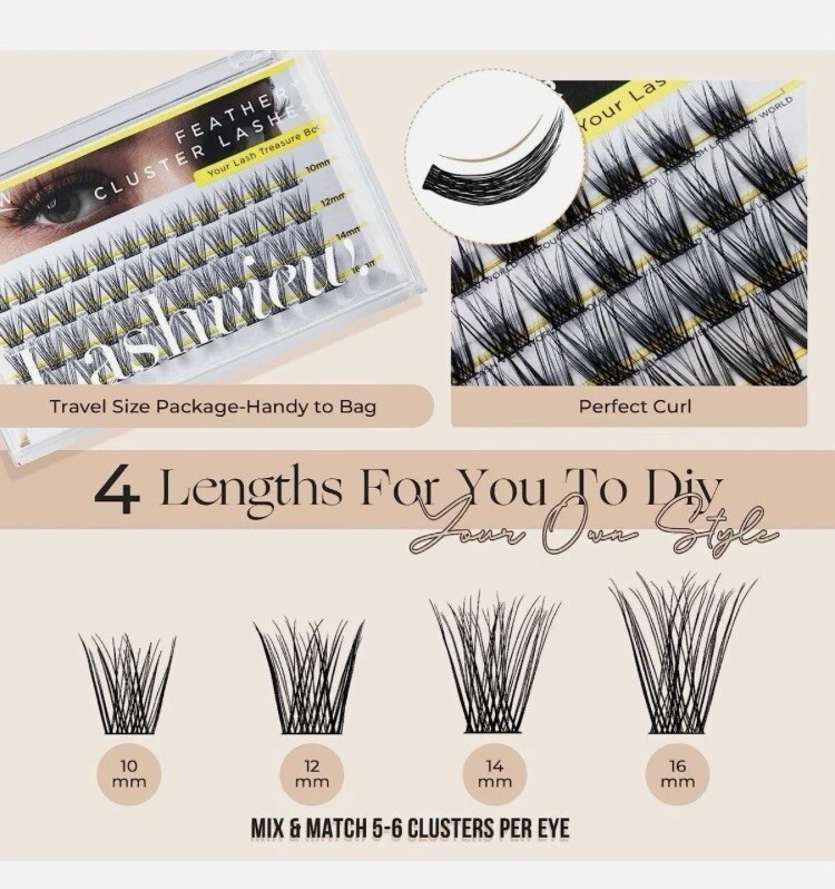 48 ,Lashview Feathery Cluster Lashes D1 Mix - 10-16mm , plus Bond & Curler Kit - Image 2 of 4