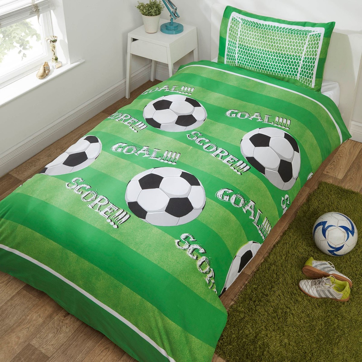 GOAL SCORE FOOTBALL SINGLE DUVET COVER SET GREEN PITCH BOYS BEDDING
