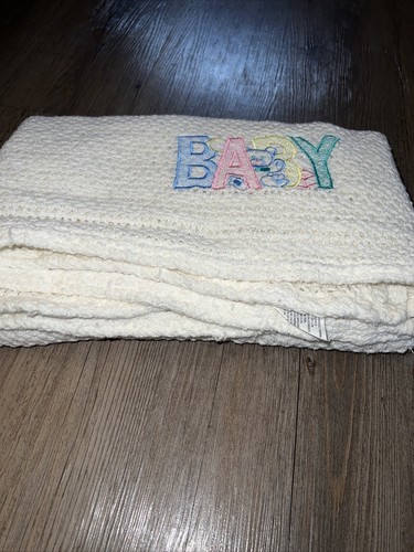 Vintage Cotton Baby Blanket Pastel Embroidered Woven Knit Waffle Weave USA Made - Picture 5 of 5