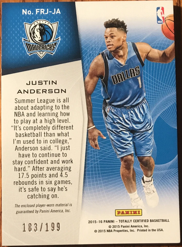 Camisetas rojas Justin Anderson 2015-16 totalmente certificadas de tela de novato tela del juego Foto 2 de 2