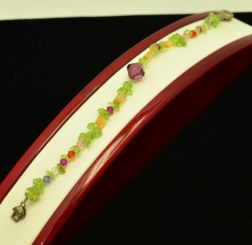 STERLING SILVER VERY COLORFUL PLASTIC BEADED CHAIN BRACELET #FMR814 - Picture 2 of 3