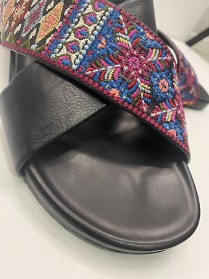 Johnny Was Black Beatriz Aztec Floral Boho Sandals Size 40 