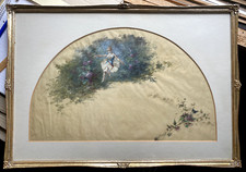 ::AQUARELL MISCHTECHNIK MÄDCHEN IM GARTEN VÖGEL JUGENDSTIL ART DECO RAHMEN ANTIK