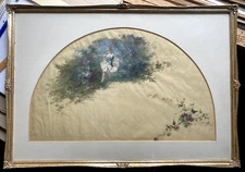 Aquarell Mischtechnik Mädchen Im Garten Vögel Jugendstil Art Deco Rahmen Antik