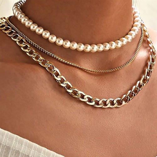 Women Thick Big Chain Multi layer Pearl 