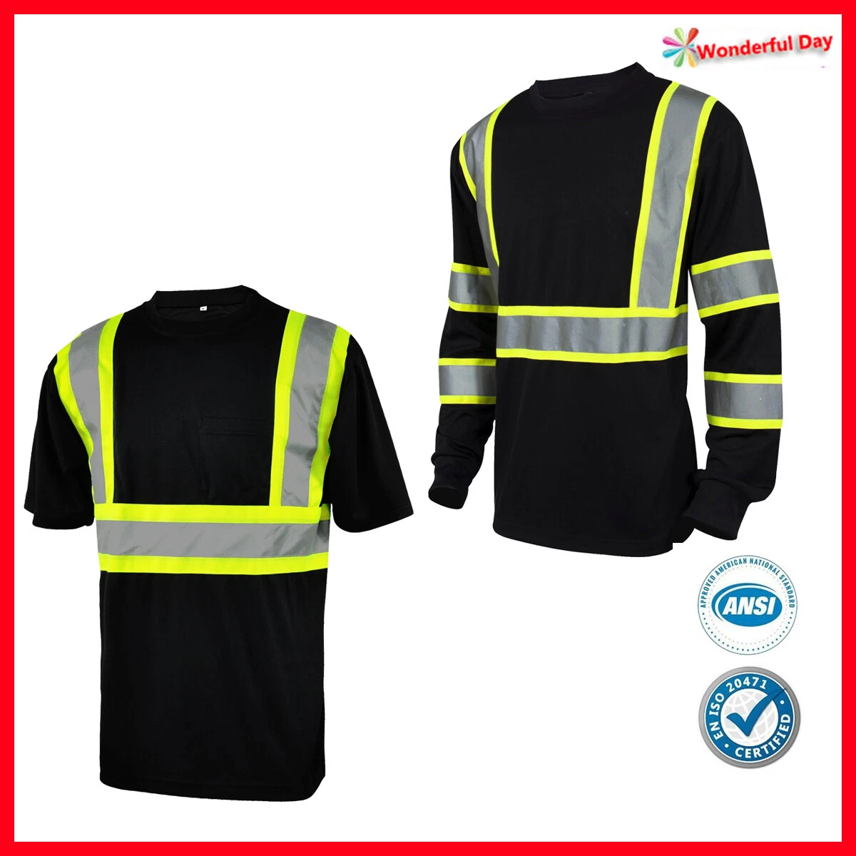 L&M Hi Vis T Shirt Reflective Safety Black Short Long Sleeve HIGH Visibility image 1