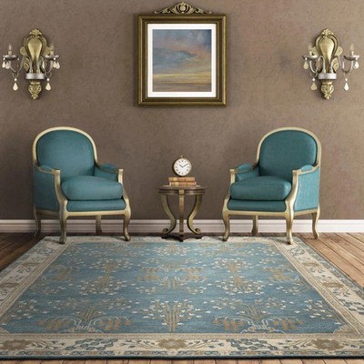 Hand Tufted Aqua Blue Tree of Life Area Rug Traditional Arts & Crafts Border rug