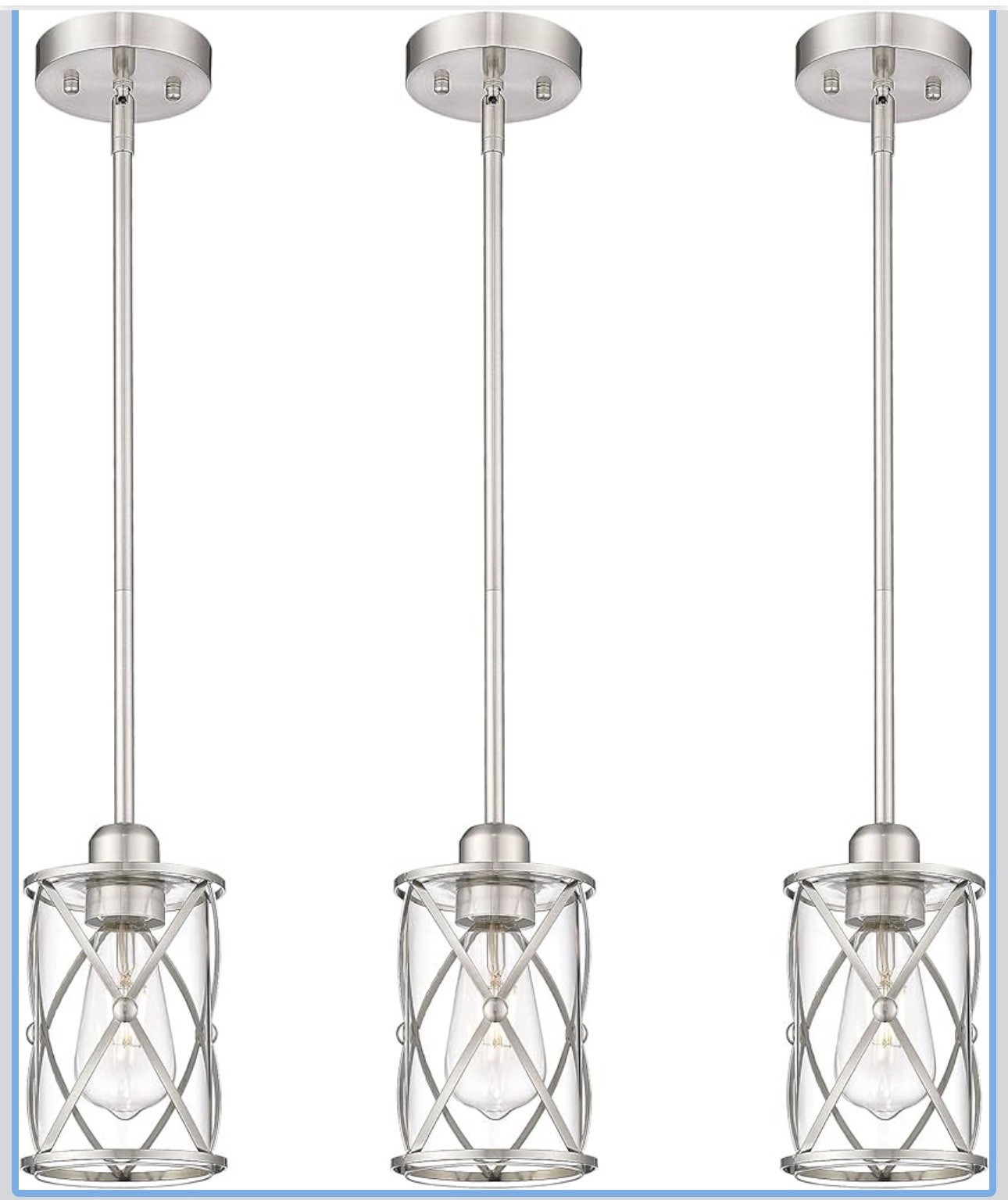 OSIMIR (3 Pack) Brushed Nickel, Clear Glass Kitchen Pendant 