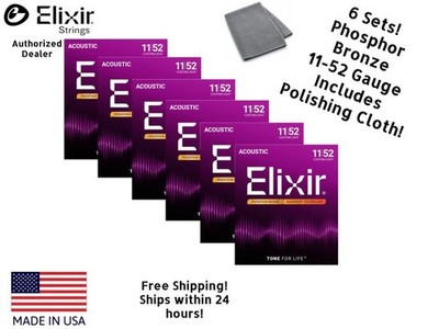 *6 SETS ELIXIR 16027 ACOUSTIC GUITAR STRINGS 11-52 PHOSPHOR BRONZE w/ CLOTH!*