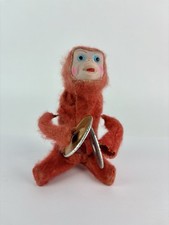 Vintage Wind Up Monkey Plush With Cymbals Works Red Orange