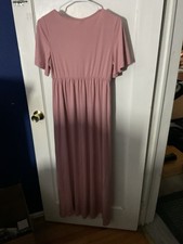 Pink V-Neck Short Sleeve Long Maxi Dress Solid Button Front Women's Regular