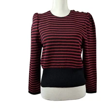 Vintage 80s ADOLFO SAKS FIFTH AVENUE S Sweater Red Black Stripe Puffed Shoulder