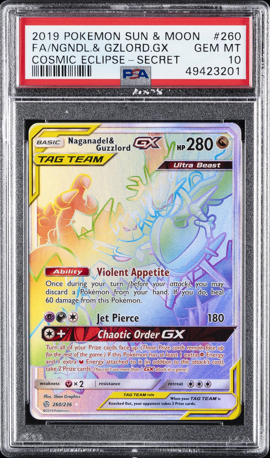 2019 POKEMON SUN & MOON COSMIC ECLIPSE FULL ART/NAGANADEL & GUZZLORD GX PSA 10