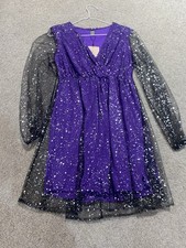 Girls Purple Star Print Mesh Long Sleeve Sequin Party Dress Knee Length