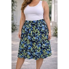 Sag Harbor Woman Tropical Floral Midi Skirt Blue Green Elastic Waist 1X 544141