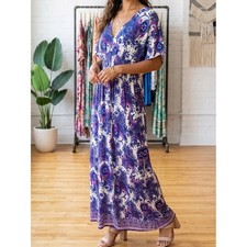 Michael Kors Purple Paisley V Neck Short Sleeve Maxi Dress Medium