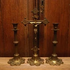 Antique religieus bronze altar cross crucifix set with two candle stick holders