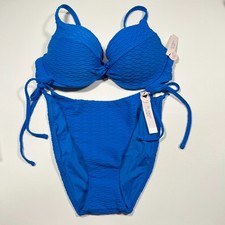 Victoria Secret 34D M TWIST FRONT Push Up Bikini Top Bottom Set Textured Blue