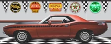 1970 PLYMOUTH MOPAR AAR CUDA BURNT ORANGE CAR GARAGE SCENE BANNER SIGN MURAL