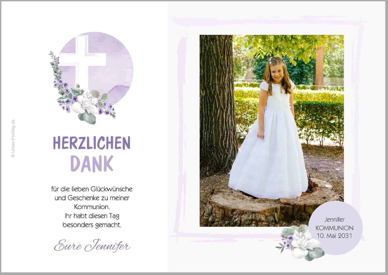 Dankeskarten für Kommunion für Mädchen Motiv Kreuz mit Foto Wunschtext ändern