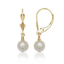 14K Yellow Gold Pretty White Round Freshwater Cultured Pearl Leverback Earrings