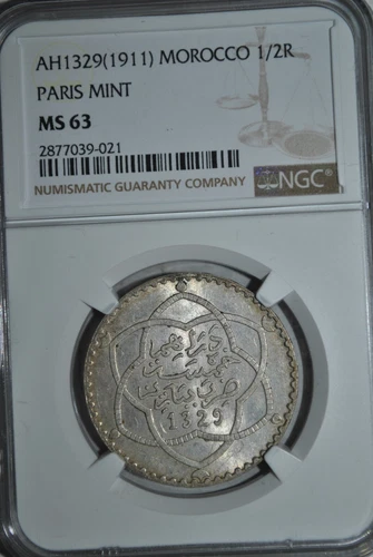 Morocco 1/2 Rial  1329 NGC MS63 NGC POP 4/5