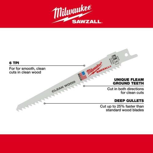 Milwaukee Sawzall 9 Zoll Bi-Metall sauberes Holz Säbelsägeblatt 6 TPI 5er-Pack - Bild 3 von 4