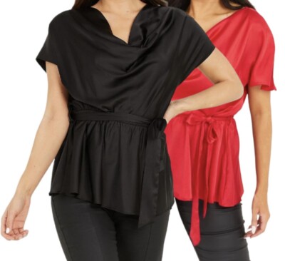 QUIZ BLUSE Kurzarm Satin Gummibund Bindeband Oberteil Schößchen Urlaub Oberteil 