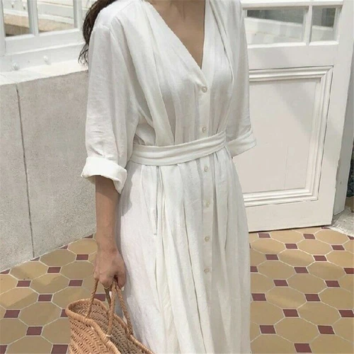 Mujer Vestido de Lino Algodón Cuello en V Cinturón Largo Botón Suelto Informal Blanco Negro Hada - Imagen 10 de 16