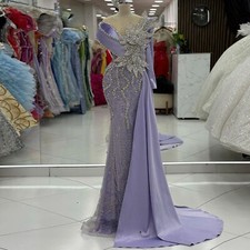 One Shoulder Lilac Evening Dress Lace Crystals Formal Prom Party Gown Side Trail