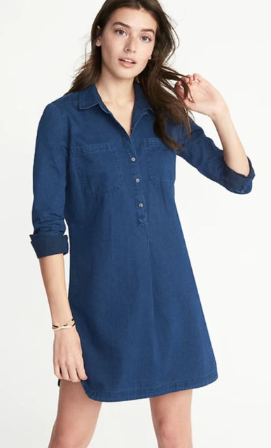 OLD Navy WOMEN'S Dark WASH Chambray BLUE Denim SHIRT Dress LONG Sleeve