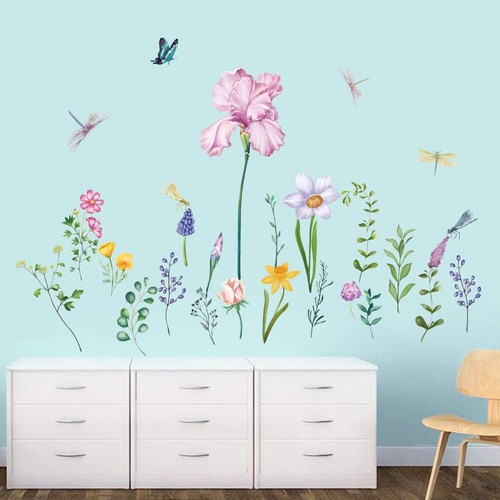 decalmile Garden Flower Wall Decals Narcissus Iris Floral Dragonfly Wall Sticker - Picture 2 of 4